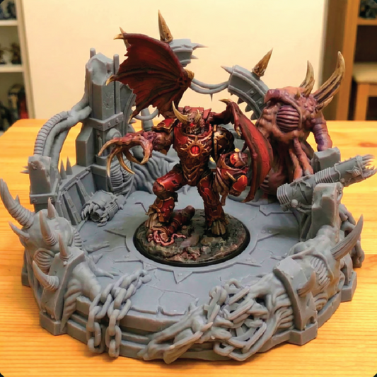 Fantasy miniature figure with detailed scenery on a wooden surface