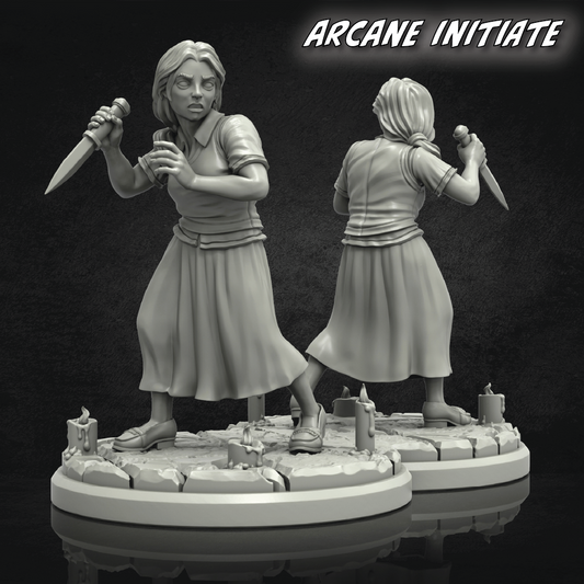 Gray resin figure of a woman holding a knife on a dark background with 'Arcane Initiate' text.