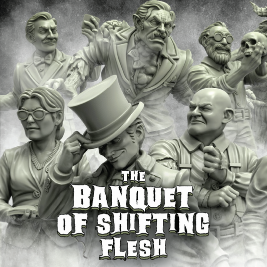 Gray-scale figurines with 'The Banquet of Shifting Flesh' text overlay