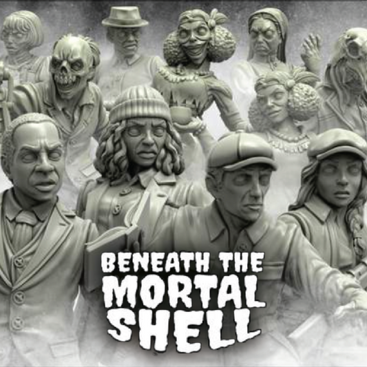 Sculpts of people with the text 'Beneath the Mortal Shell' displayed.
