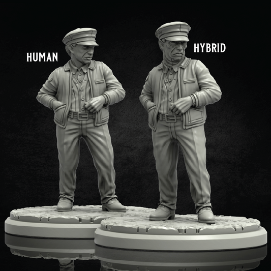 Two unpainted miniature figurines of an elderly man in a military-style uniform, labeled 'HUMAN' and 'HYBRID' on a dark textured background.