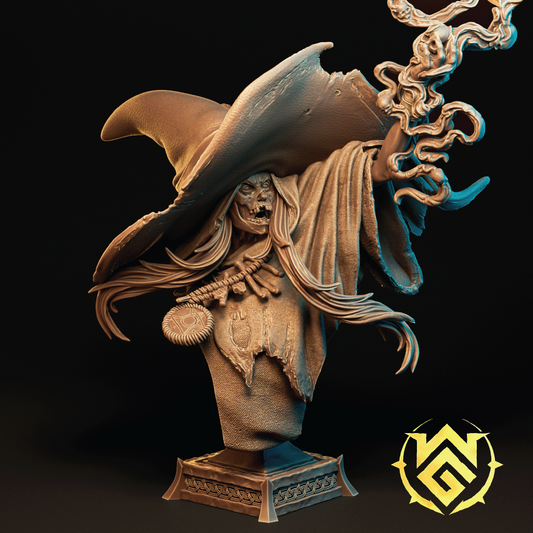 A render of the bust of the Blight Crone holding her staff and casting a spell in the swamp.