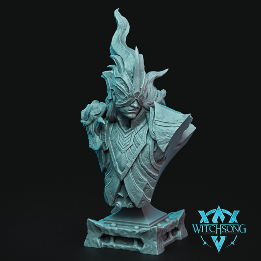 Statue of a fantasy character with intricate detailing on a black background, featuring the 'Witchsong' logo.