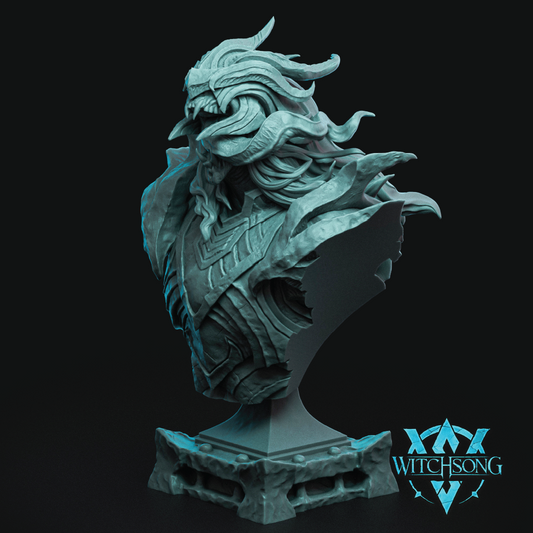 Statue bust of a fantasy character with intricate detailing on a black background, featuring the 'Witchsong' logo.