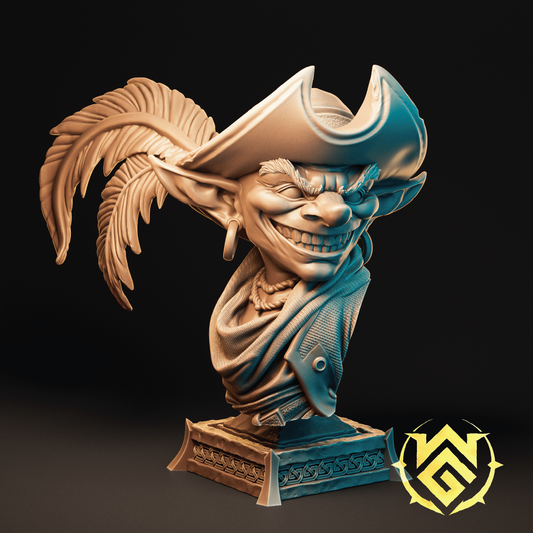 A bust of a goblin pirate with large hoop earrings and a pirate hat with a large feather pinned to it.