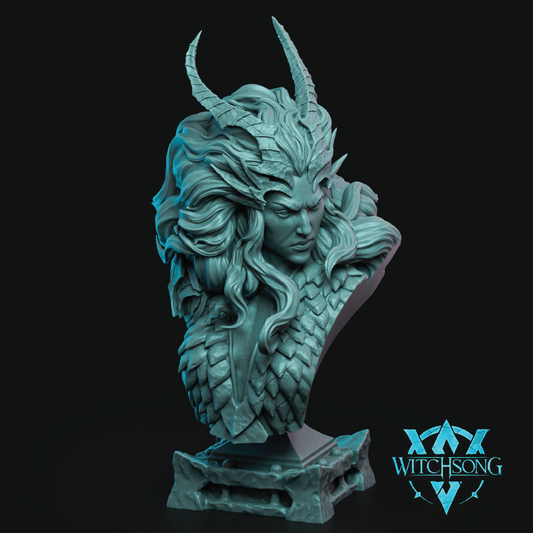 Teal dragon-like sculpture with 'Witchsong' logo on a black background