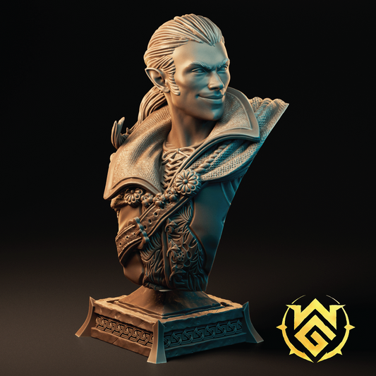 Bust sculpture of a character with intricate detailing on a dark background
