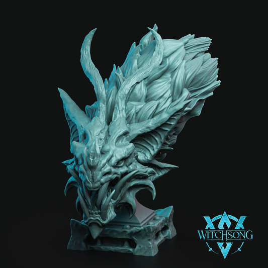 Dragon head sculpture with 'Witchsong' logo on a black background