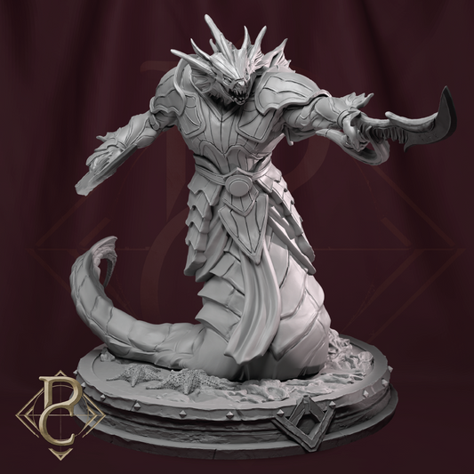 Gray-scale fantasy figurine with armor and weapon on a dark background