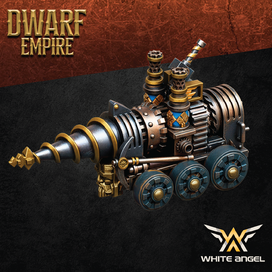 Mechanical engine model with 'Dwarf Empire' text and White Angel logo on a dark background