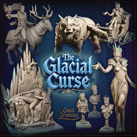 Collection of fantasy figurines and models with 'The Glacial Curse' and 'Great Grimoire' branding on a blue background.