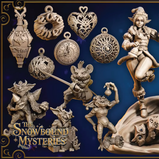 A cover image for the Snowbound Mysteries collection of 3D models. Models include holiday ornaments, characters, and fantasy creatures.