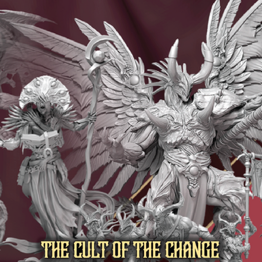 Decorative image of fantasy characters with 'The Cult of the Change' text on a red background
