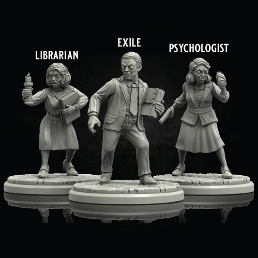 Three unpainted tabletop gaming miniatures on circular bases against a black background, labeled LIBRARIAN, EXILE, and PSYCHOLOGIST.