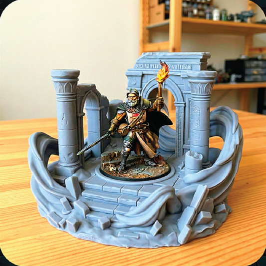 Decorative figurine of a warrior with a torch on a stone platform with columns.