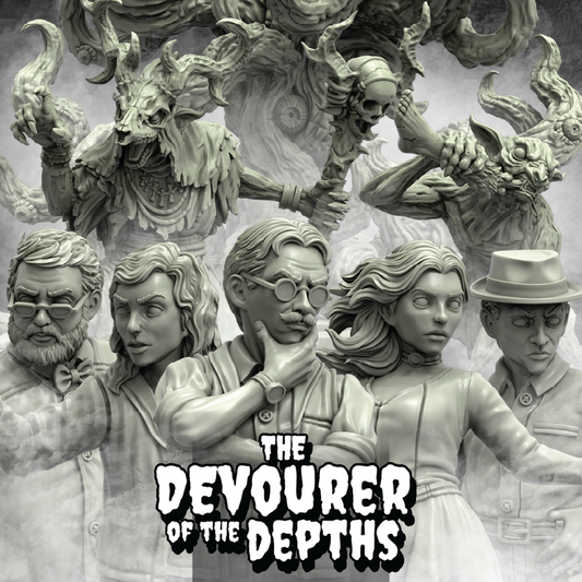 A monochrome promotional collage for a fantasy tabletop gaming product. The lower portion shows five unpainted character miniatures in front of a smoky background with monstrous figures.