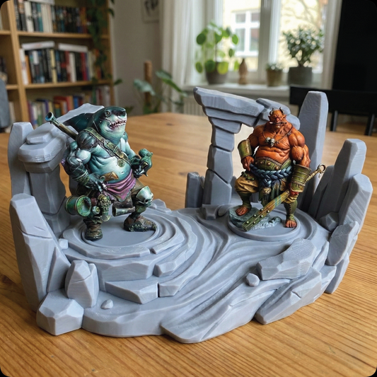 A painted tabletop miniature scene featuring two fantasy creature figures posed on a gray stone-like stage base, set on a wooden table in a real indoor room with a bookshelf and window in the background.