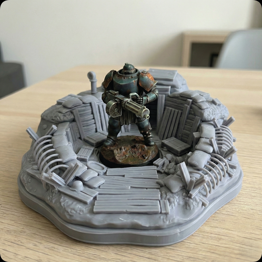 A miniature tabletop diorama featuring a painted sci-fi warrior figurine standing in a ruined gray structure, displayed on a wooden table with a blurred indoor background.