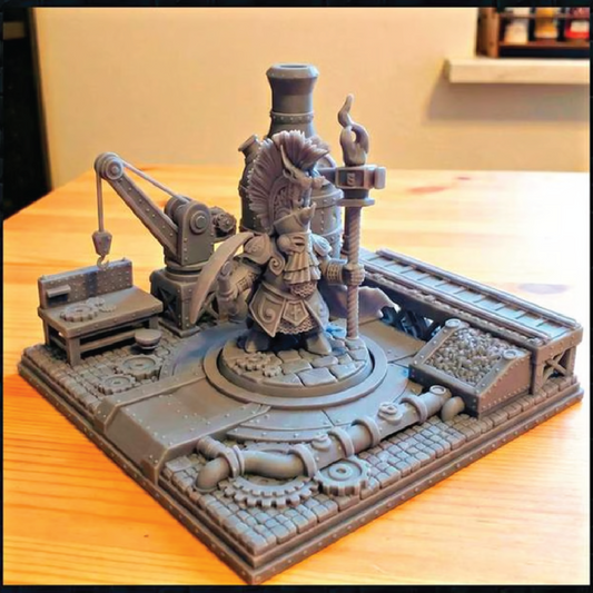 Gray scale model of a mechanical figure on a wooden table