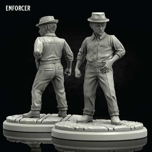 Two unpainted miniature figurines of a man in a hat and work shirt, shown from front and back views on circular bases against a black background, with the brand name ENFORCER in the top left corner.