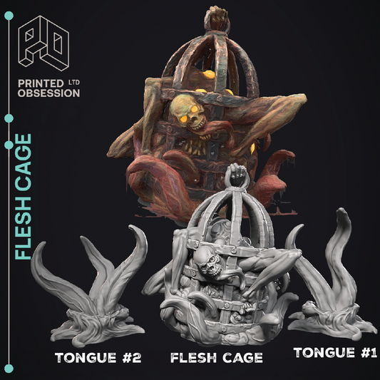 Flesh Cage and Tongue #1 figurines with 'Printed Obsession' branding on a black background.