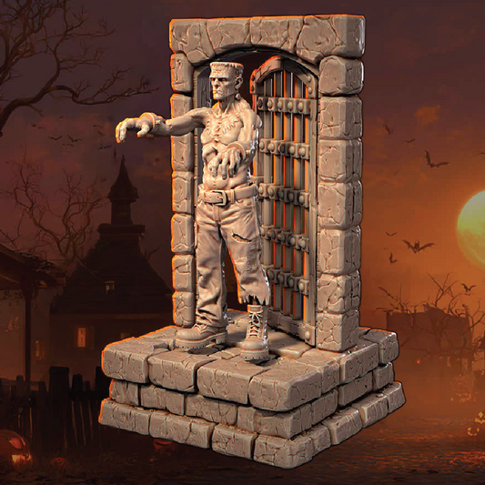Statue of a muscular figure in a stone prison cell with a spooky sunset background