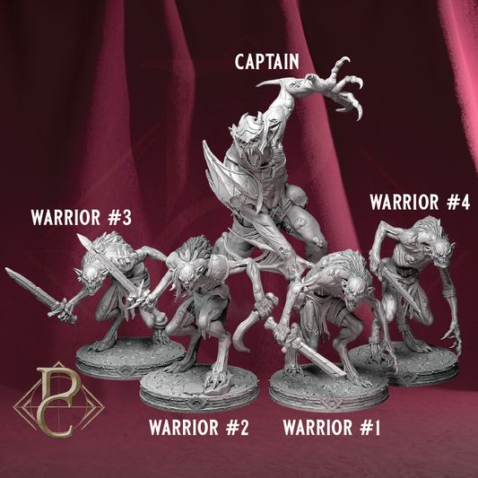 Four unpainted fantasy warrior miniatures labeled Captain, Warrior #1, Warrior #2, and Warrior #3, arranged against a dark draped background with a gold emblem in the lower left.