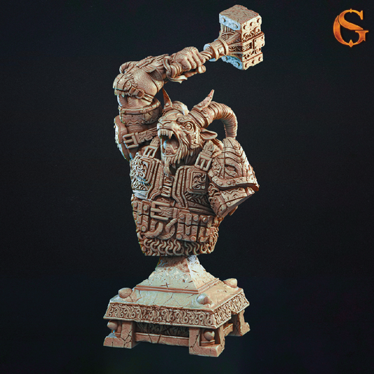 Detailed 3D render of a bust of a demon goat warrior with armor and weapons on a dark background