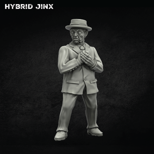 A grayscale 3D-printable miniature figurine of an elderly man wearing a suit, tie, and fedora hat, standing against a dark textured background with 'HYBRID JINX' text in the top-left corner.