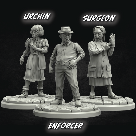 Three gray resin figures labeled 'Urchin', 'Surgeon', and 'Enforcer' on a black background.