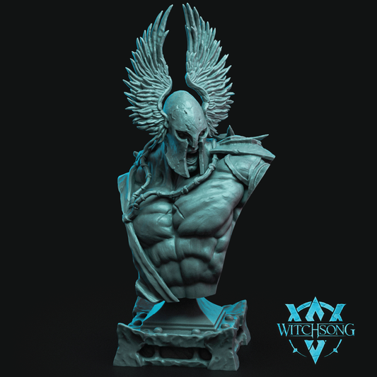 A detailed fantasy bust statue of a muscular winged warrior wearing a helmet and shoulder armor, shown against a solid black background with the Witchsong logo in the lower right corner.