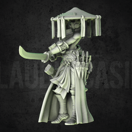 Gray figurine with a canopy and weapons on a dark background