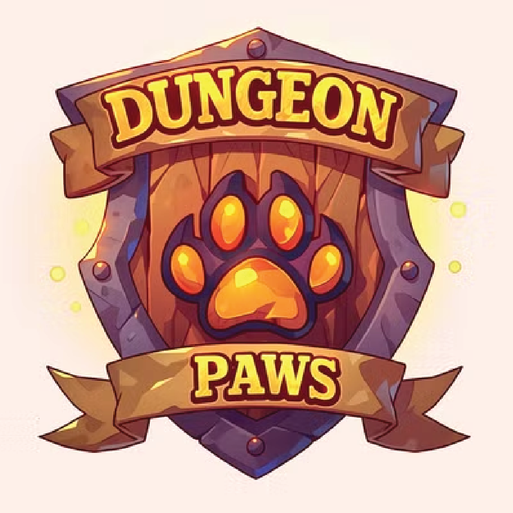 Logo for 'Dungeon Paws' with a paw print and wooden texture
