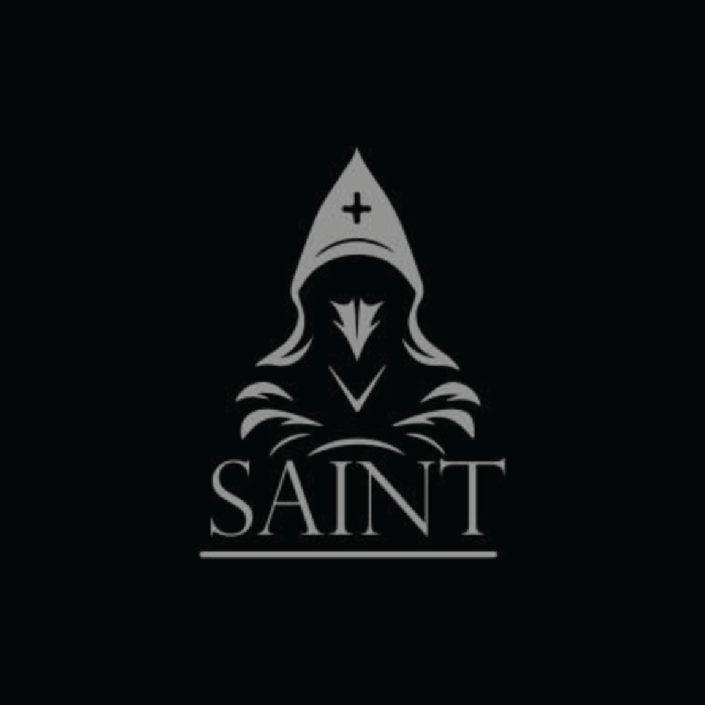 Logo of a hooded figure with 'SAINT' text on a black background