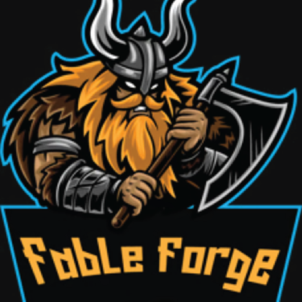 Viking warrior holding an axe with 'Fable Forge' text on a black background