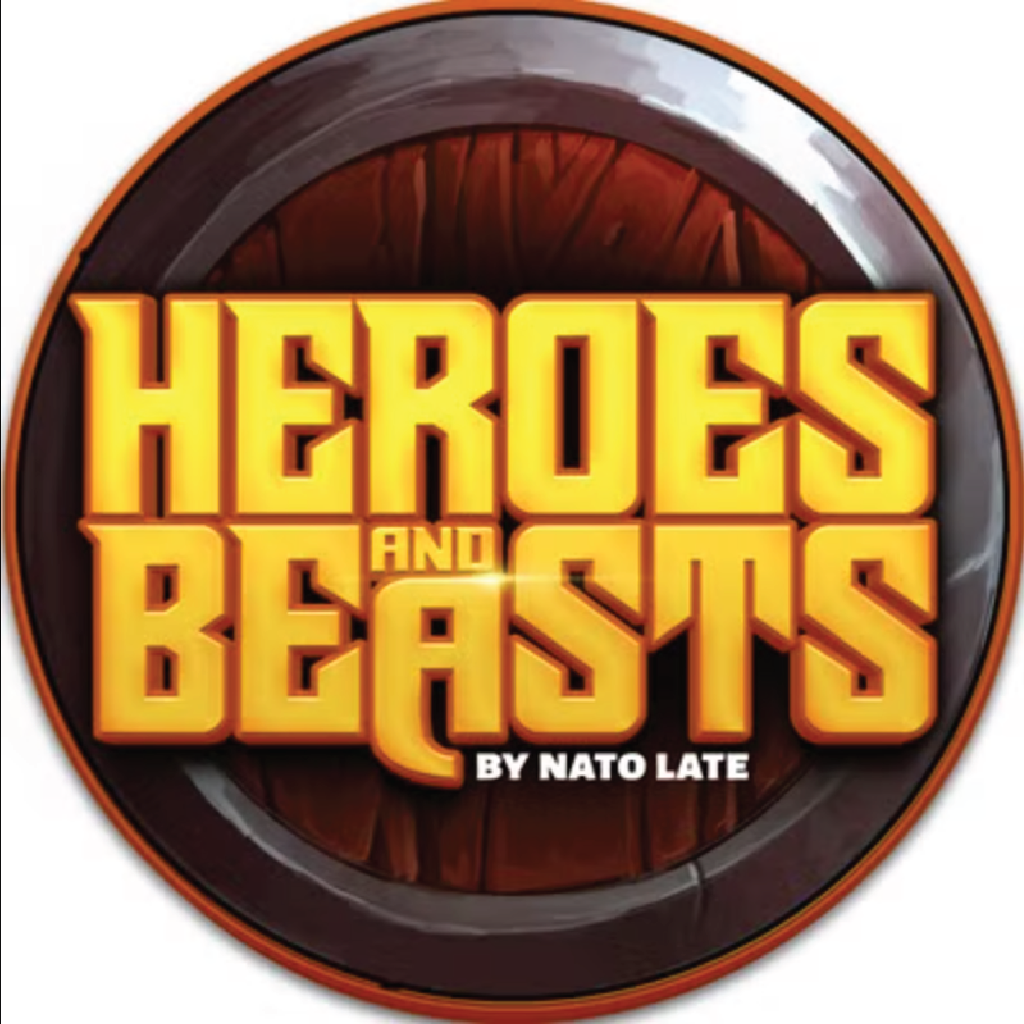Circular logo with 'Heroes and Beasts' text and 'By Nato Late' on a brown background