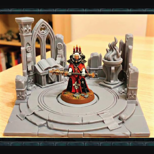 Fantasy miniature figure with a throne and architectural elements on a wooden surface