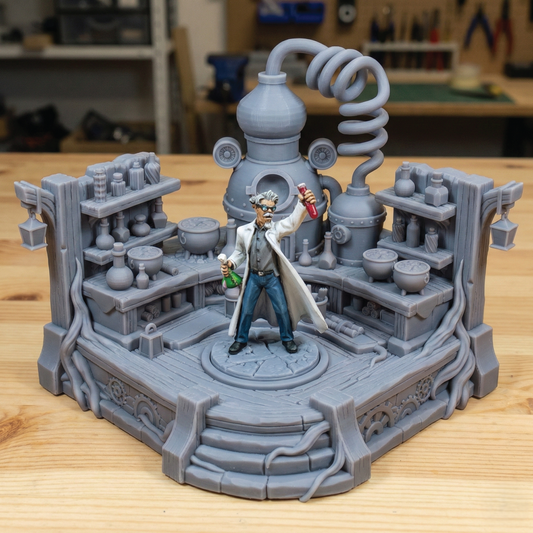 A miniature sci-fi laboratory diorama model in gray resin, featuring a central scientist figurine holding a green bottle and a red flask, set on a wooden tabletop.