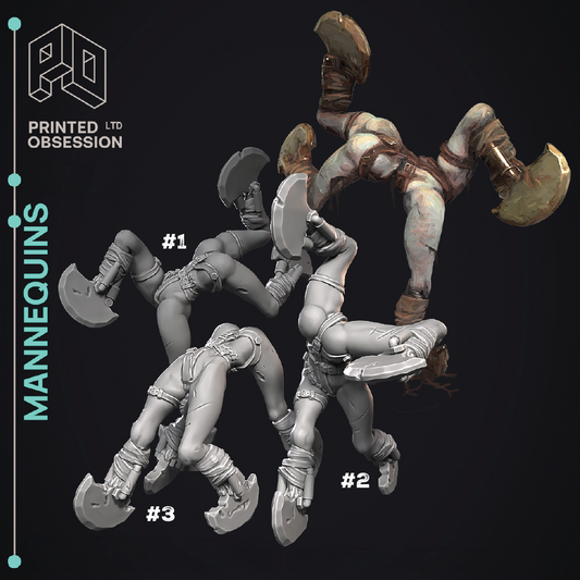 Three mannequin figures withAXO Printed Obsession branding on a black background