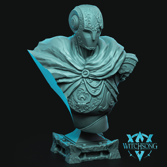 A fantasy bust statue of a warrior in ornate armor and a flowing cape, shown on a dark background with a visible WITCHSONG logo in the lower right.