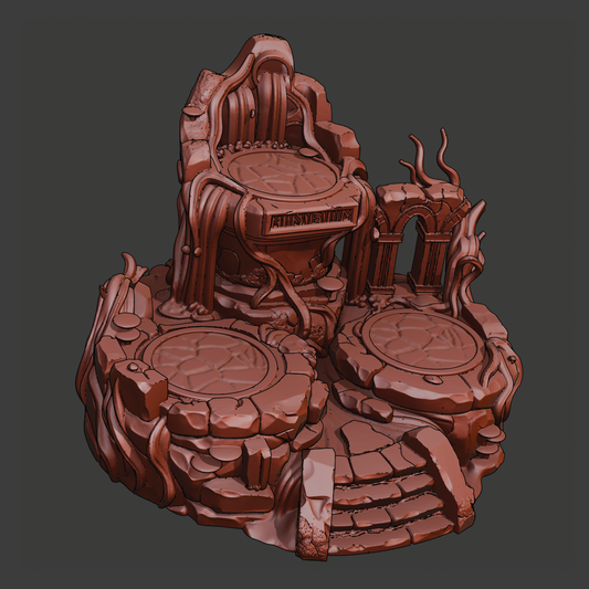 A 3D digital render of a fantasy stone throne and altar base, shown in a solid terracotta brown color on a dark gray background.