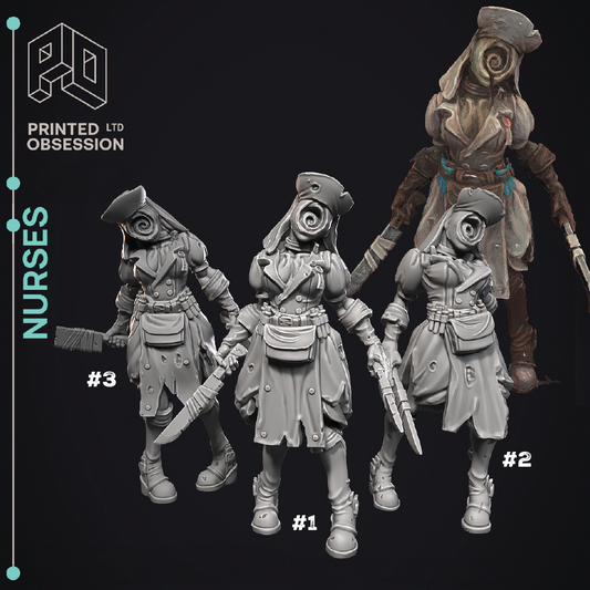Four nurse figurines with weapons on a black background, labeled 'Printed Obsession'.