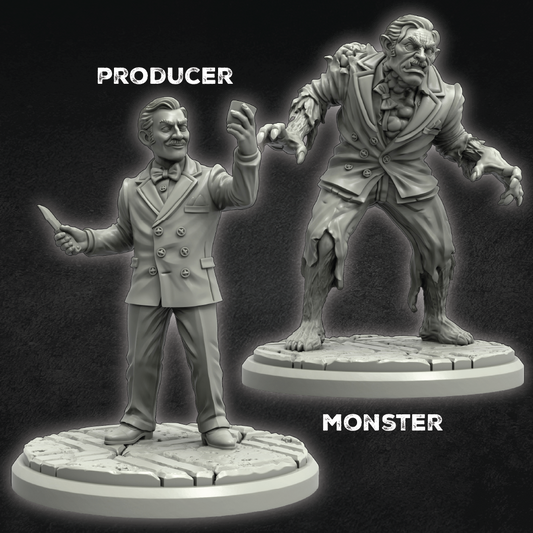 Two miniature figures labeled 'Producer' and 'Monster' on a dark background