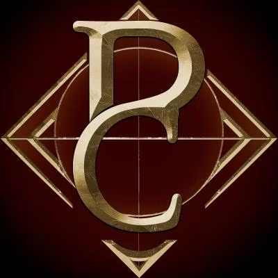 Gold 'PC' logo on a dark red background