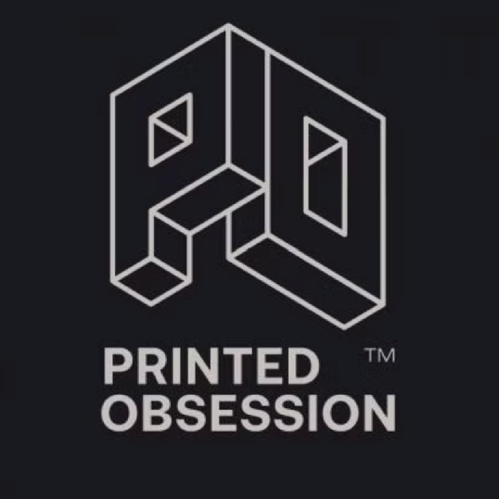 Logo of 'Printed Obsession' with geometric design on a black background