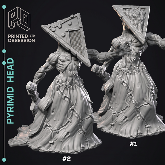 Two pyramid-headed figure sculptures with 'Printed Obsession' branding on a black background.