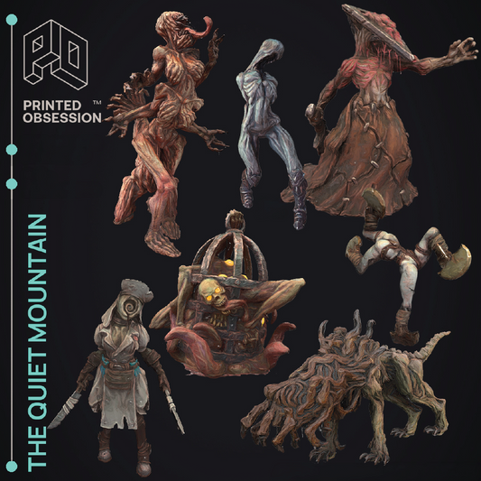 Collection of fantasy figurines on a black background with 'Printed Obsession' branding.