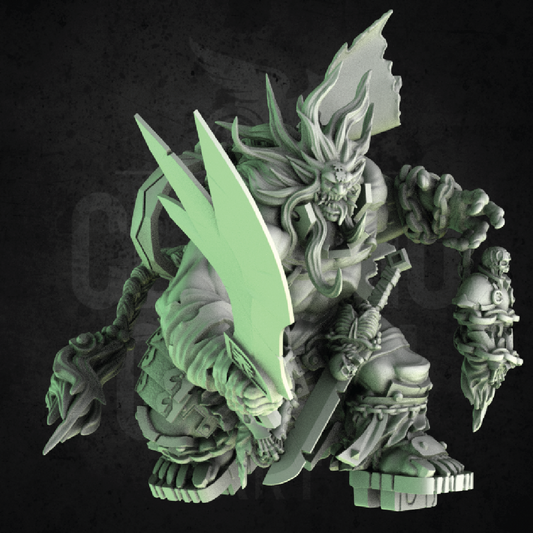 Green fantasy figurine with detailed armor and weapons on a dark background