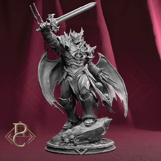 A detailed fantasy miniature figurine of a winged armored warrior holding a sword aloft, standing on a rocky base against a dark red draped backdrop. The product is shown in a uniform gray resin/polymer finish, with a stylized gold 'BP' logo in the bottom-left corner.
