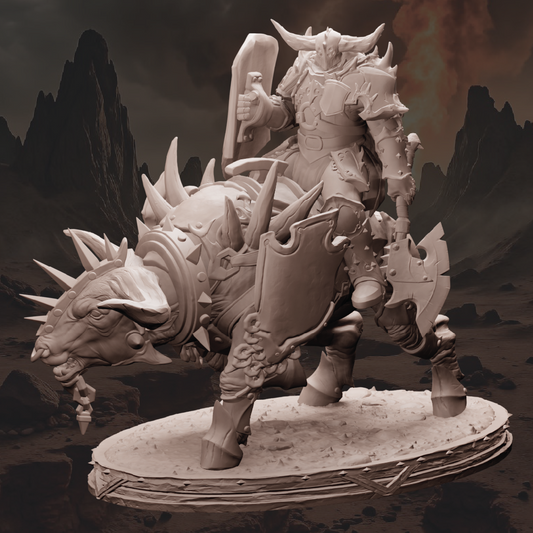 Stylized fantasy creature with armor and weapon in a desert landscape